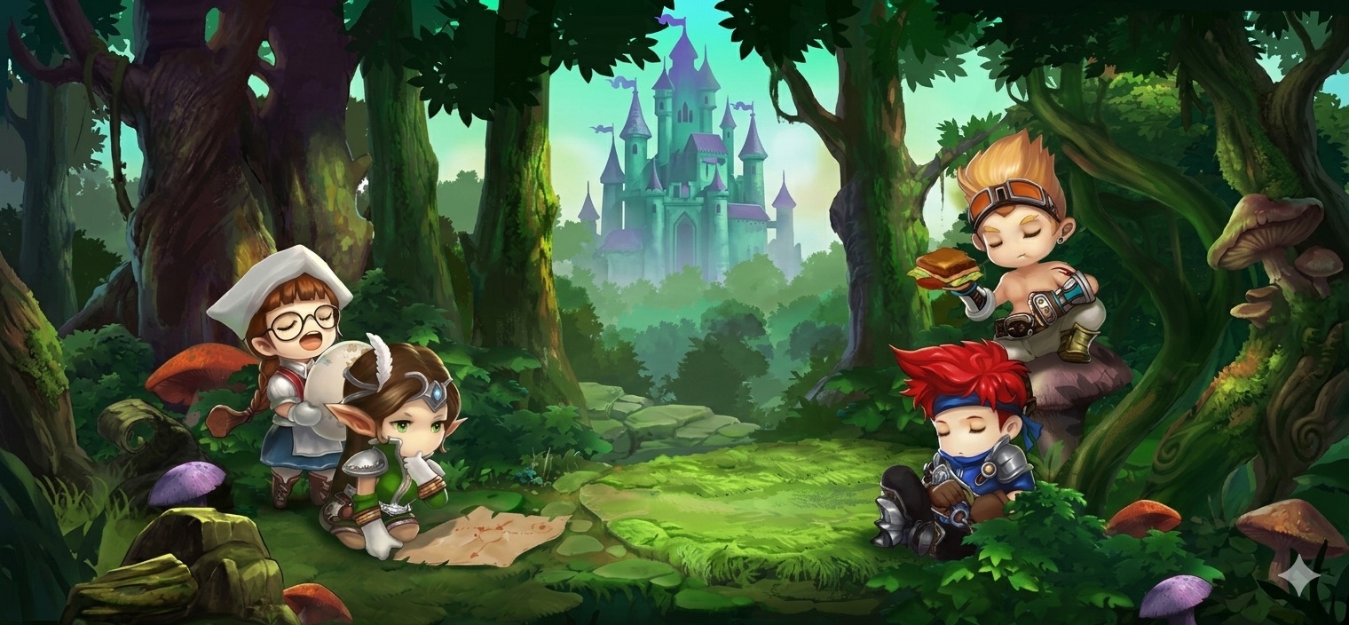 ManaWorld key art — adventurers in a forest before a castle