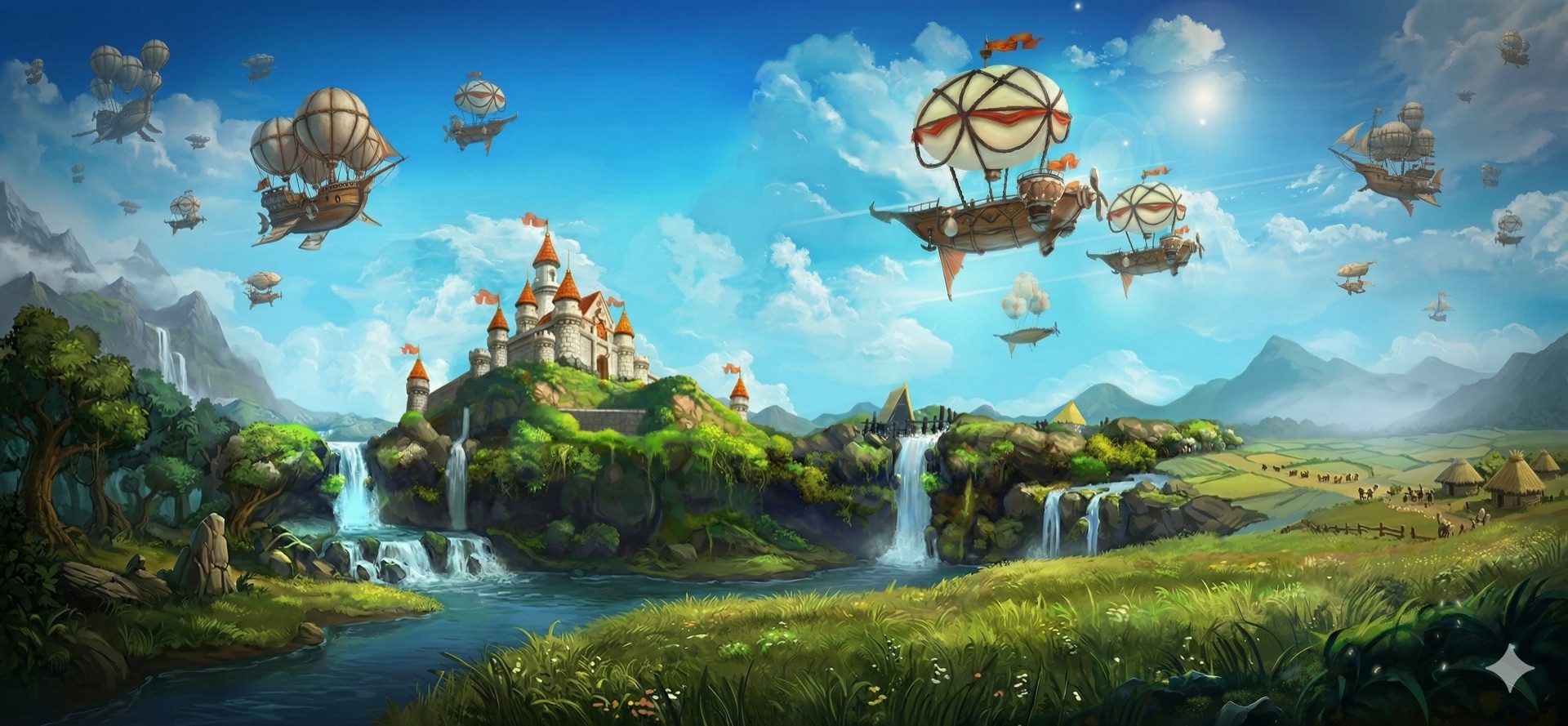 ManaWorld airships over a castle panorama